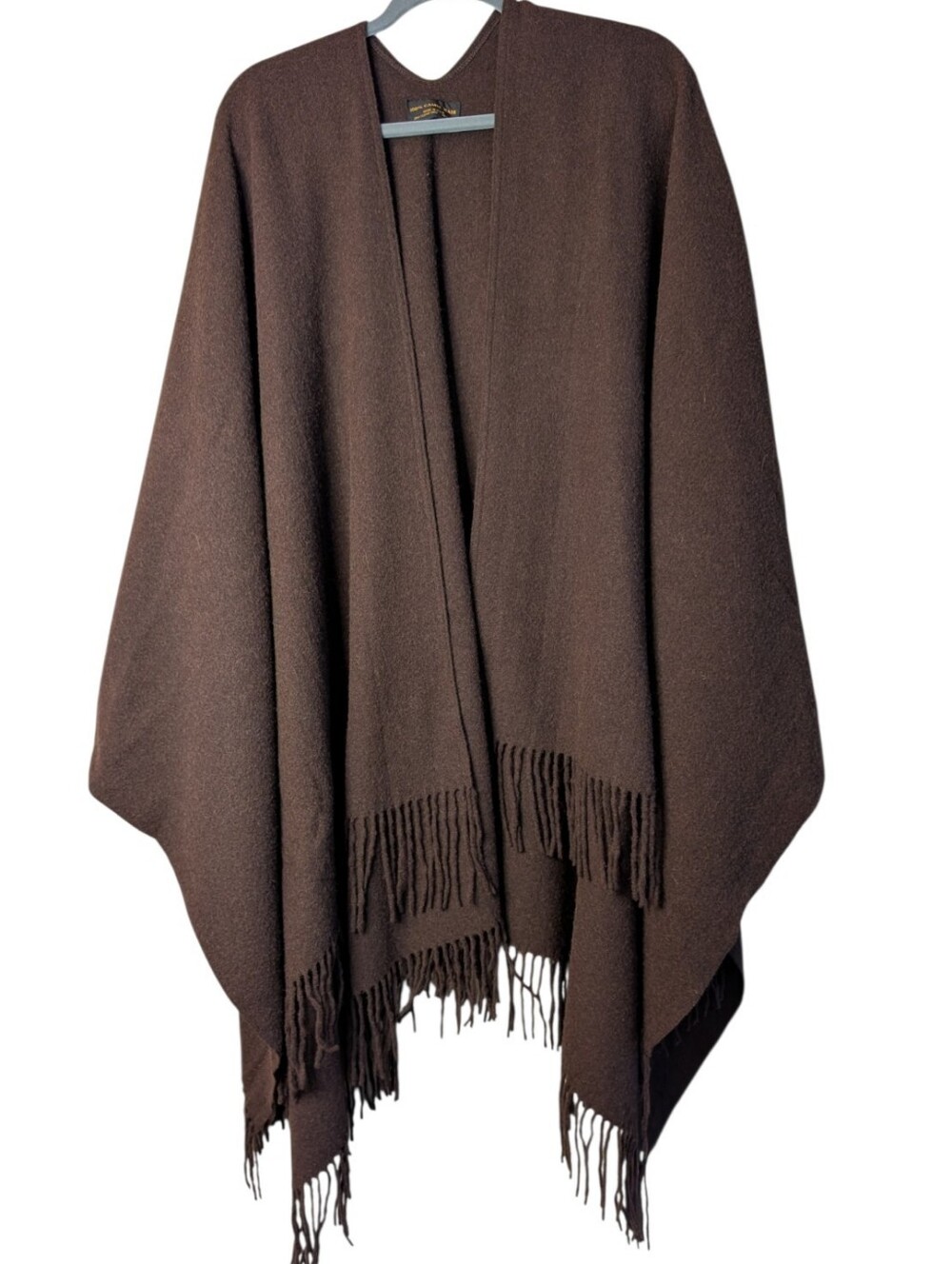 Vintage 100% Camel Hair Chocolate Brown Fringe Poncho Shawl Cape wrap open front